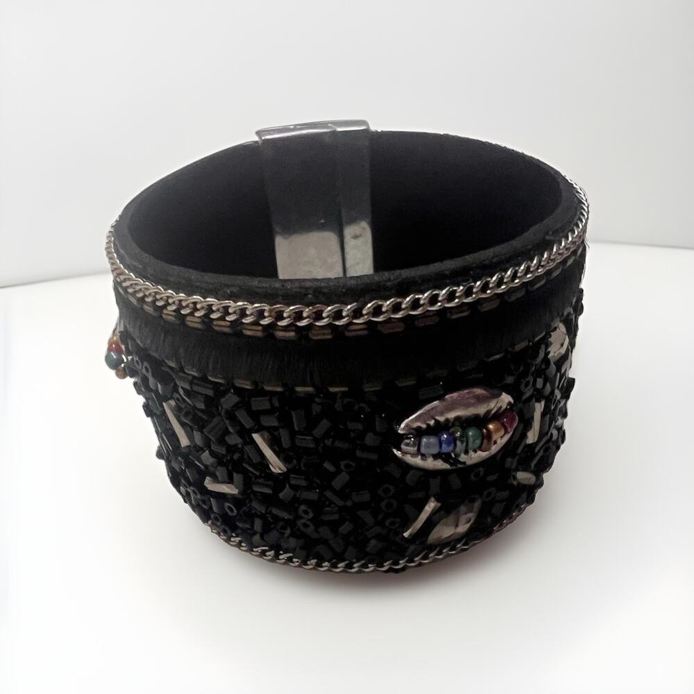 Italian Leather Bangle Cuff Bracelet Beaded Black Inlay Handmade